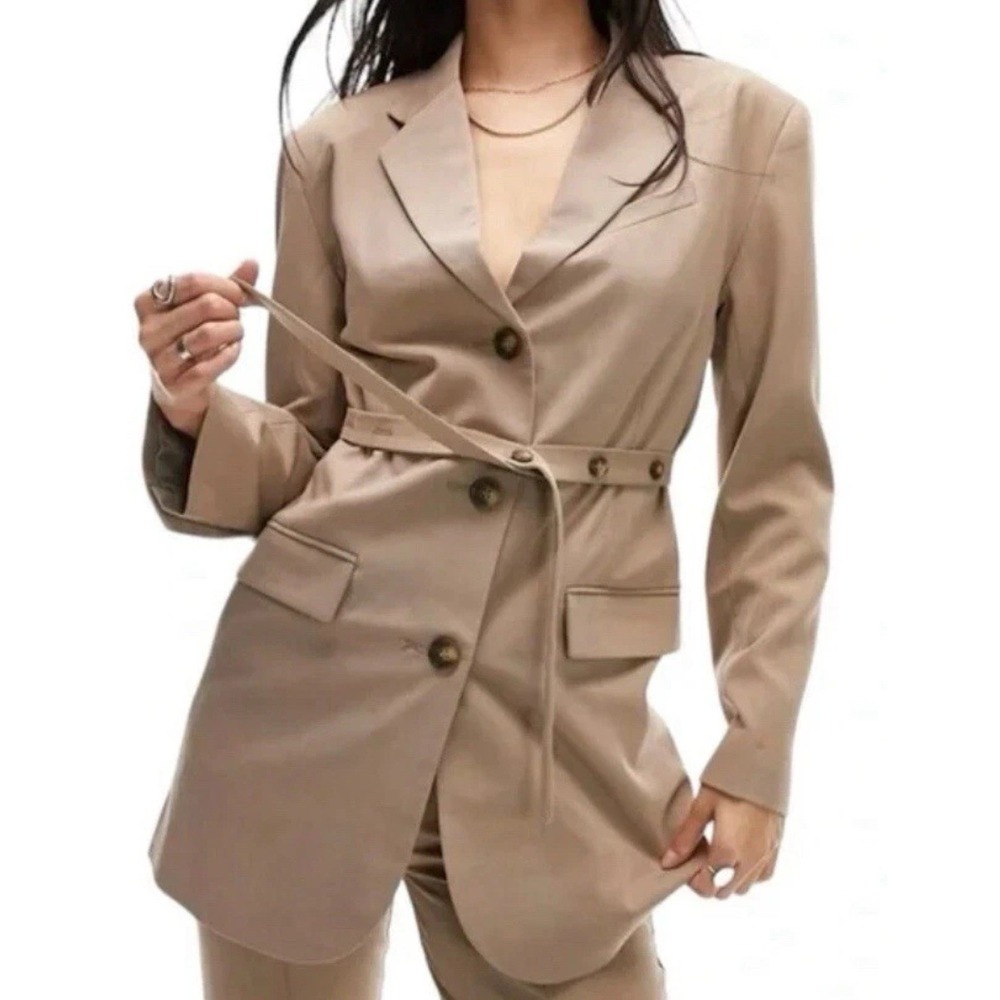 Topshop Belted Blazer Jacket Tan Beige Size 2 NWT Tailored Longline Modern Fit